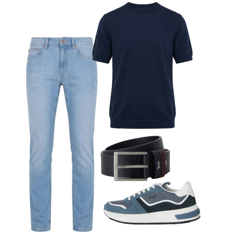Outfit uomo - Agosto. Stile Casual per Tutti i giorni. Abbinamento con jeans, t-shirt, cinture, sneakers.