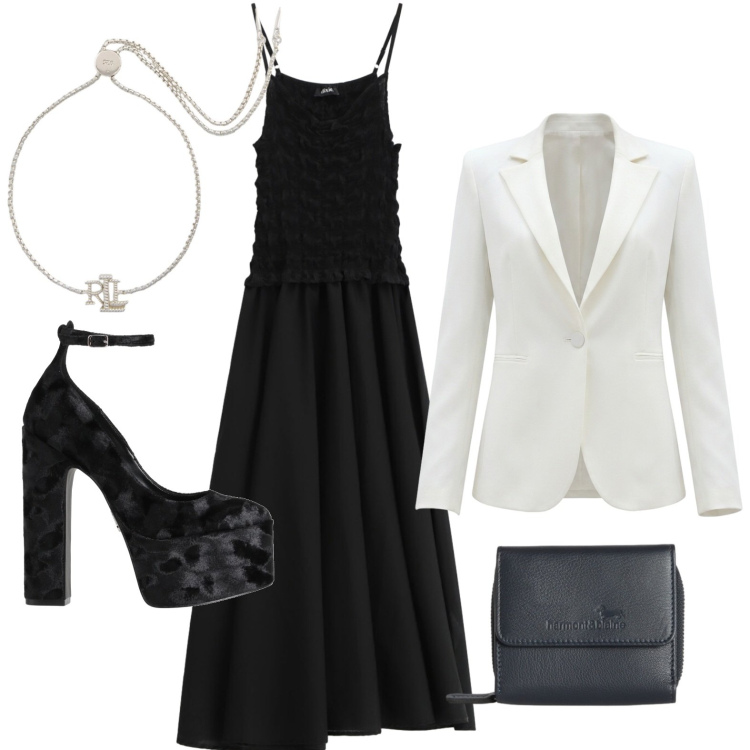 Outfit donna - Monochrome Chic. Stile Bon Ton per Serata fuori. Abbinamento con décolleté, portafogli, vestiti lunghi, blazer, braccialetti.