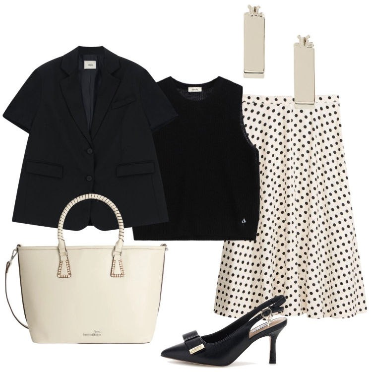 Outfit donna - Eleganza a pois. Stile Chic per Cerimonia. Abbinamento con gonne longuette, shopping bag, maglieria, blazer, orecchini, décolleté.