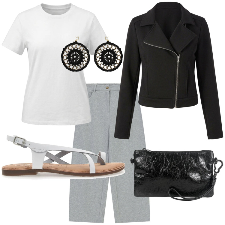 Outfit donna - Minimal urban. Stile Minimal per Tutti i giorni. Abbinamento con giacche, orecchini, pantaloni a palazzo, t-shirt, pochette, sandali.