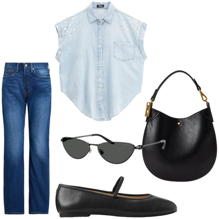 Outfit donna - Ballerine cool. Stile Casual per Tutti i giorni. Abbinamento con camicie, ballerine, pochette, occhiali da sole, jeans dritti.