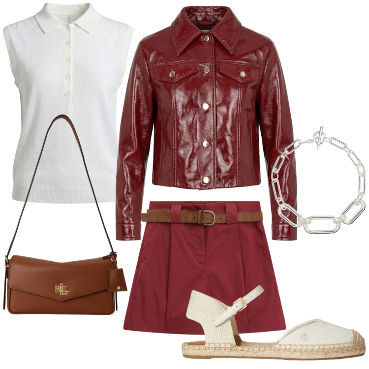 Outfit donna - Luxury burgundy. Stile Glamour per Tutti i giorni. Abbinamento con polo, giacche, shorts, espadrillas, collane, borse a spalla.