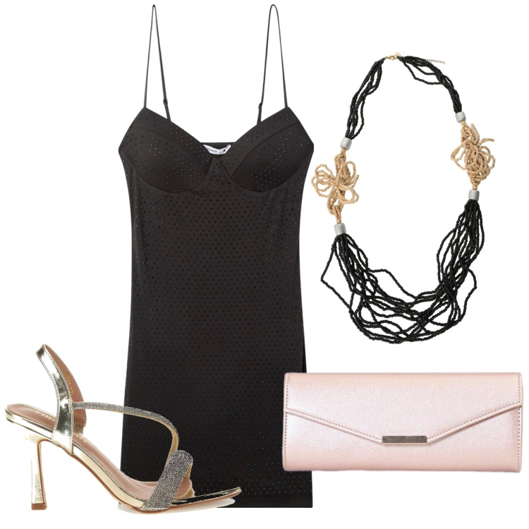 Outfit donna - Sleep dress di sera. Stile Chic per Serata fuori. Abbinamento con collane, vestiti corti, clutch, sandali col tacco.