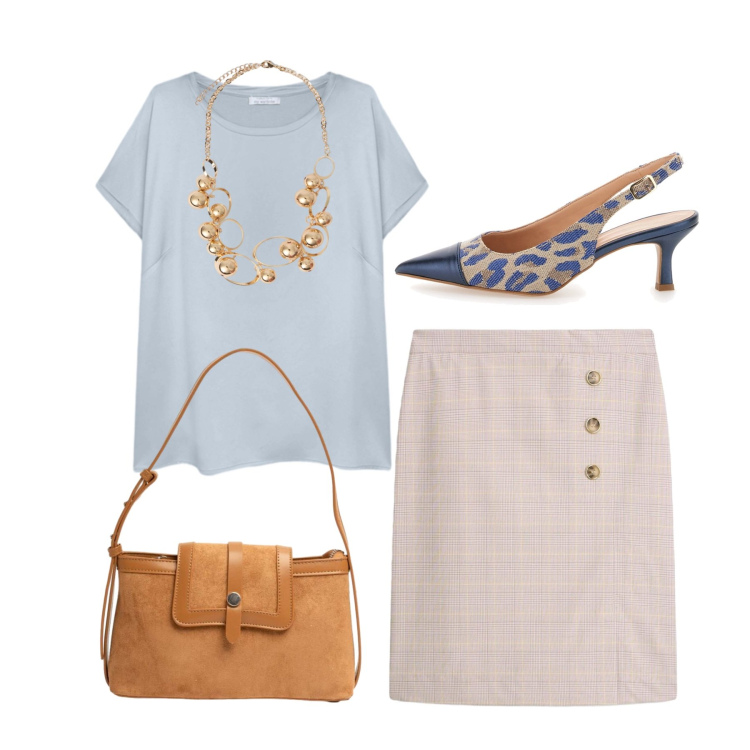 Outfit donna - Sempre chic. Stile Chic per Ufficio. Abbinamento con gonne longuette, borse a tracolla, collane, t-shirt, décolleté.