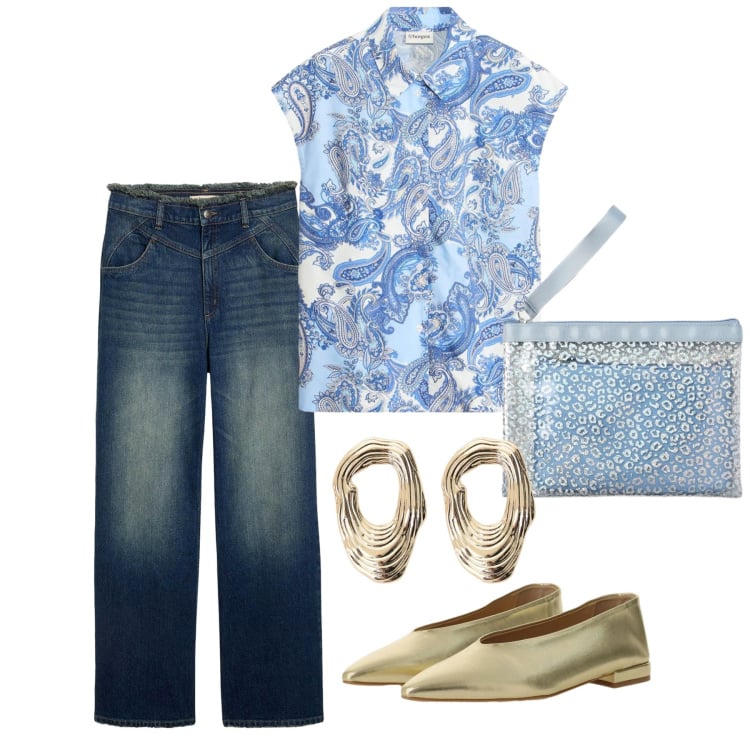 Outfit donna - Agosto. Stile Bon Ton per Ufficio. Abbinamento con camicie a manica corta, jeans dritti, pochette, ballerine, orecchini.