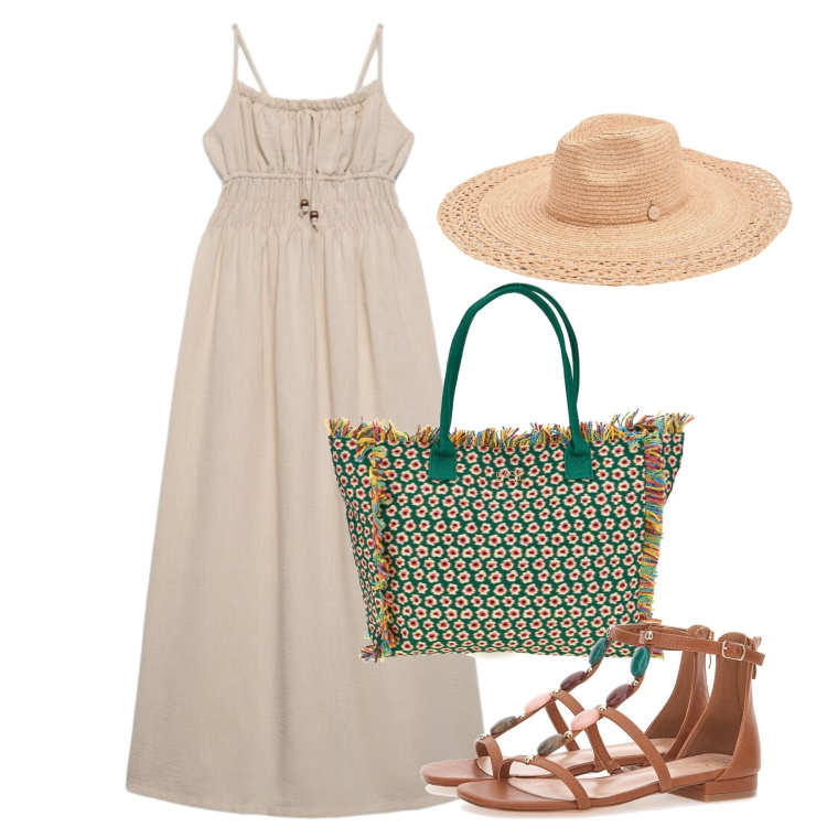 Outfit donna - Agosto. Stile Romantica per Tutti i giorni. Abbinamento con vestiti lunghi, cappelli, sandali gioiello, shopping bag.