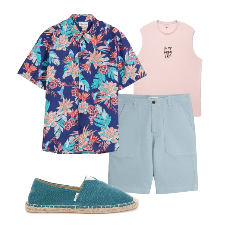 Outfit uomo - Fantasia tropicale. Stile Casual per Mare. Abbinamento con camicie a manica corta, shorts, canottiere, espadrillas.