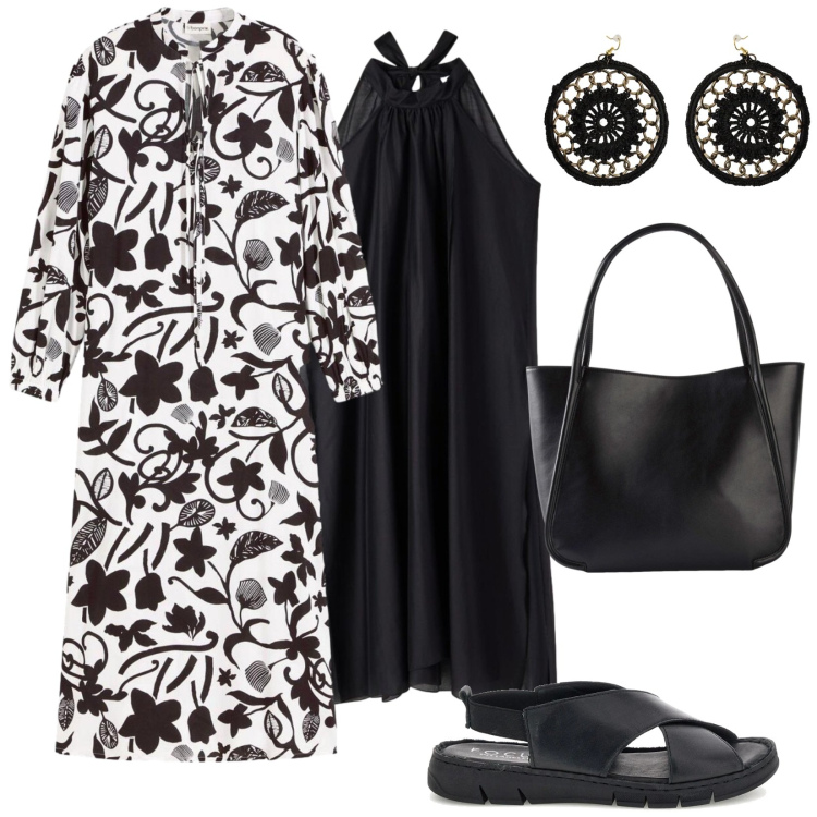 Outfit donna - A lavoro. per Ufficio. Abbinamento con shopping bag, caftani, vestiti lunghi, orecchini, sandali in pelle.