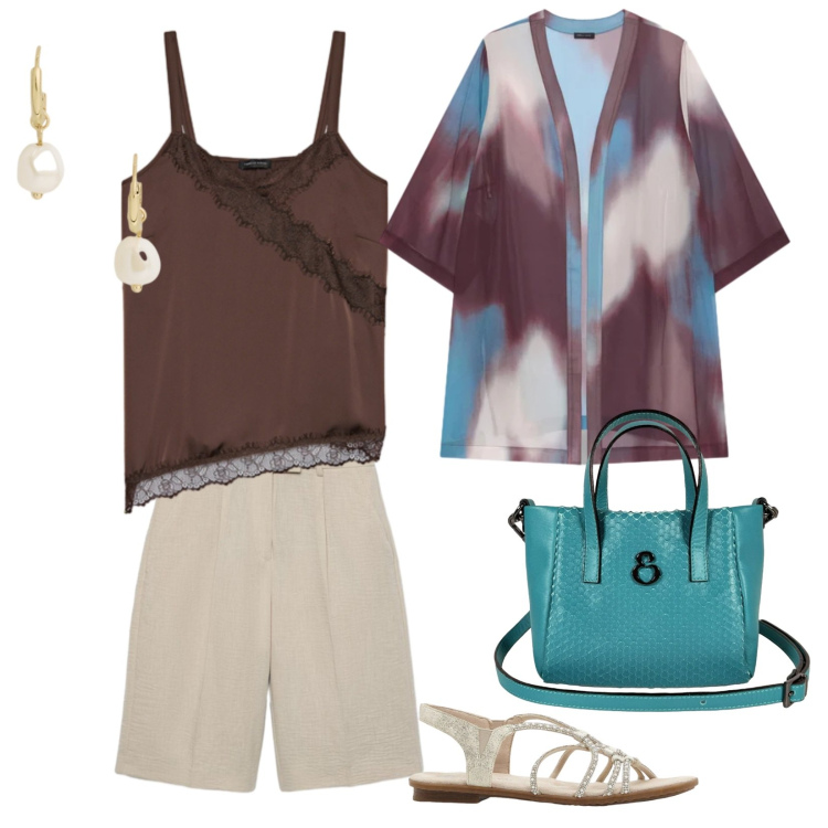 Outfit donna - Aperitivo in città. per Tutti i giorni. Abbinamento con sandali, bermuda, top, kimono, orecchini, borse a mano.