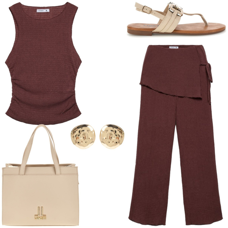 Outfit donna - Trendy color cioccolato. Stile Glamour per Tutti i giorni. Abbinamento con top, pantaloni, orecchini, sandali, borse a tracolla.