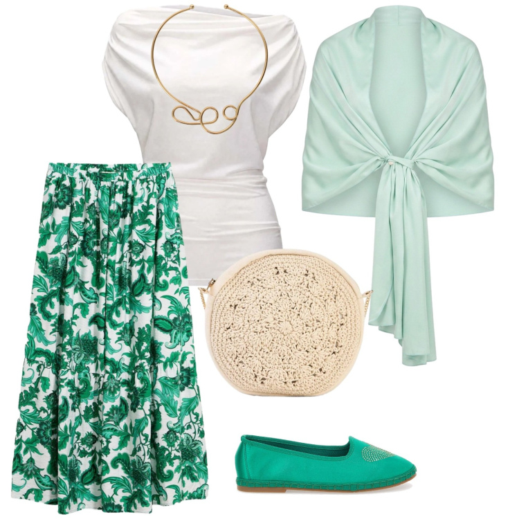 Outfit donna - Una passeggiata relax. per Serata fuori. Abbinamento con borse a tracolla, gonne lunghe, top, collane, stole, ballerine.