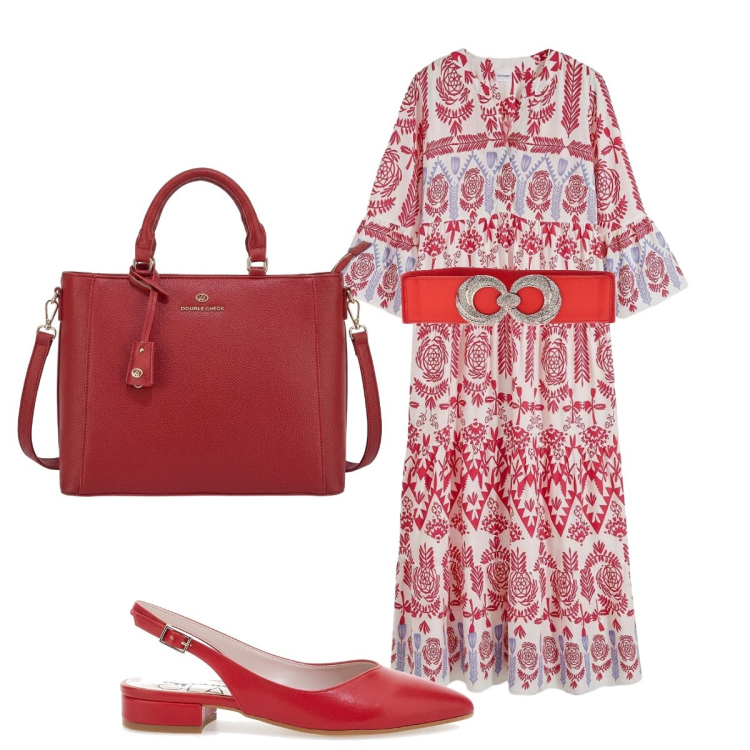 Outfit donna - Accessori rossi. Stile Glamour per Tutti i giorni. Abbinamento con vestiti lunghi, cinture, borse a tracolla, ballerine.