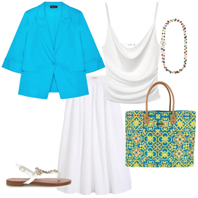 Outfit donna - Colori estivi. per Tutti i giorni. Abbinamento con gonne longuette, canottiere, collane, blazer, sandali gioiello, borse a spalla.