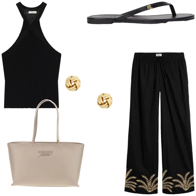 Outfit donna - Linee essenziali per il completo nero. Stile Chic per Tutti i giorni. Abbinamento con pantaloni a palazzo, top, ciabatte, orecchini, borse a spalla.