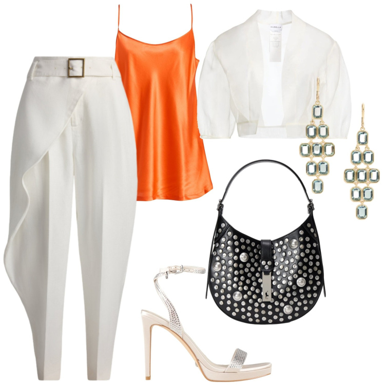 Outfit donna - Serate estive. per Serata fuori. Abbinamento con blazer, top, sandali col tacco, orecchini, pantaloni, borse a spalla.