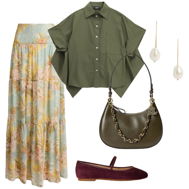 Outfit donna - Estate e lavoro. per Ufficio. Abbinamento con camicie a manica corta, orecchini, borse a spalla, ballerine, gonne lunghe.