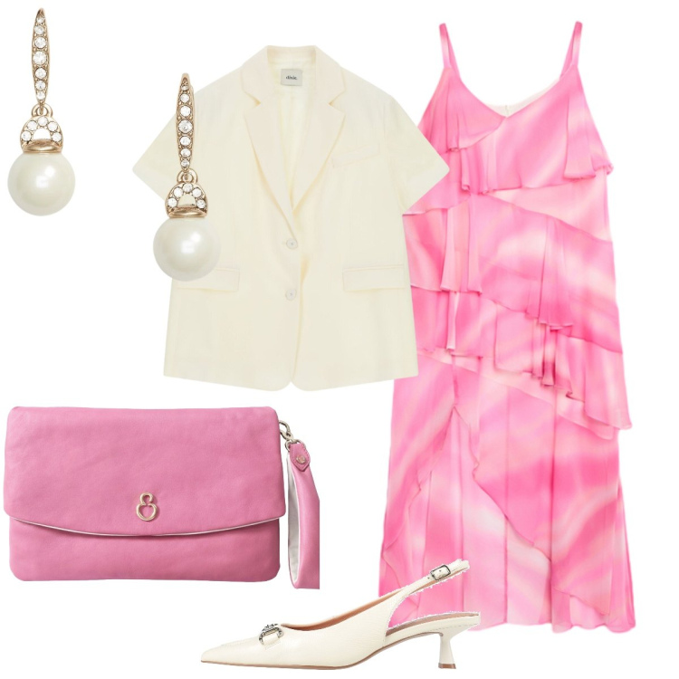 Outfit donna - Cerimonia romantica. Stile Chic per Cerimonia. Abbinamento con décolleté, blazer, vestiti lunghi, orecchini, pochette.
