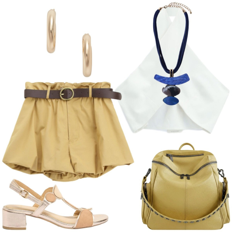 Outfit donna - Pomeriggio al cinema. Stile Casual chic per Tutti i giorni. Abbinamento con sandali col tacco, shorts, top, ciondoli, orecchini, zaini.