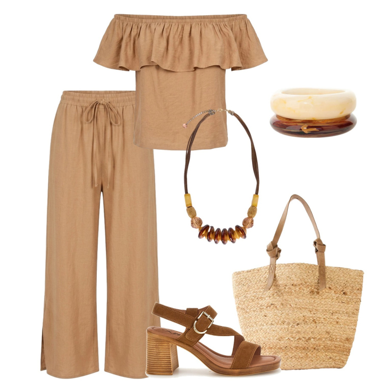 Outfit donna - Vacanze color cammello. Stile Trendy per Tutti i giorni. Abbinamento con shopping bag, braccialetti, pantaloni, top, collane, sandali col tacco.