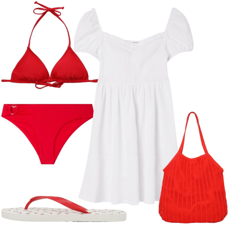 Outfit donna - Summer Holidays : in rosso. Stile Trendy per Mare. Abbinamento con bikini, vestiti corti, shopping bag, infradito, bikini.