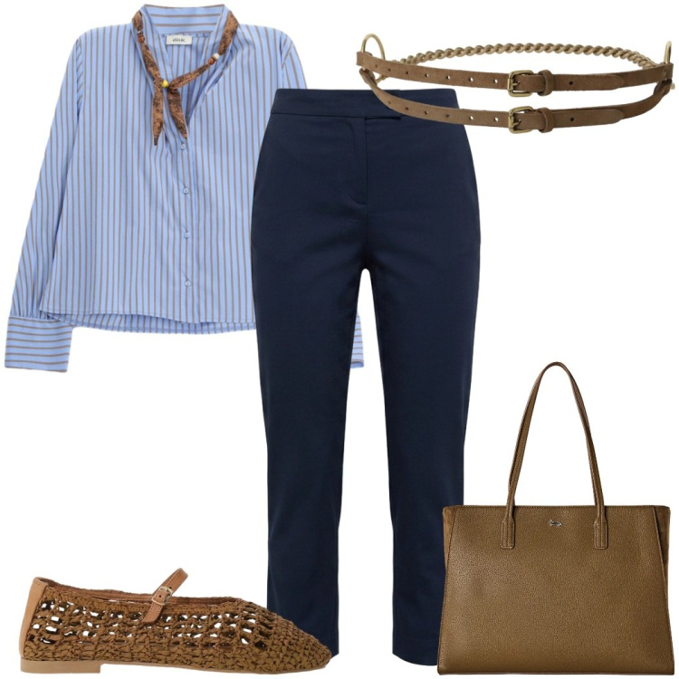 Outfit donna - Riviera Chic. Stile Chic per Tutti i giorni. Abbinamento con camicie, cinture, ballerine, pantaloni capri, shopping bag.
