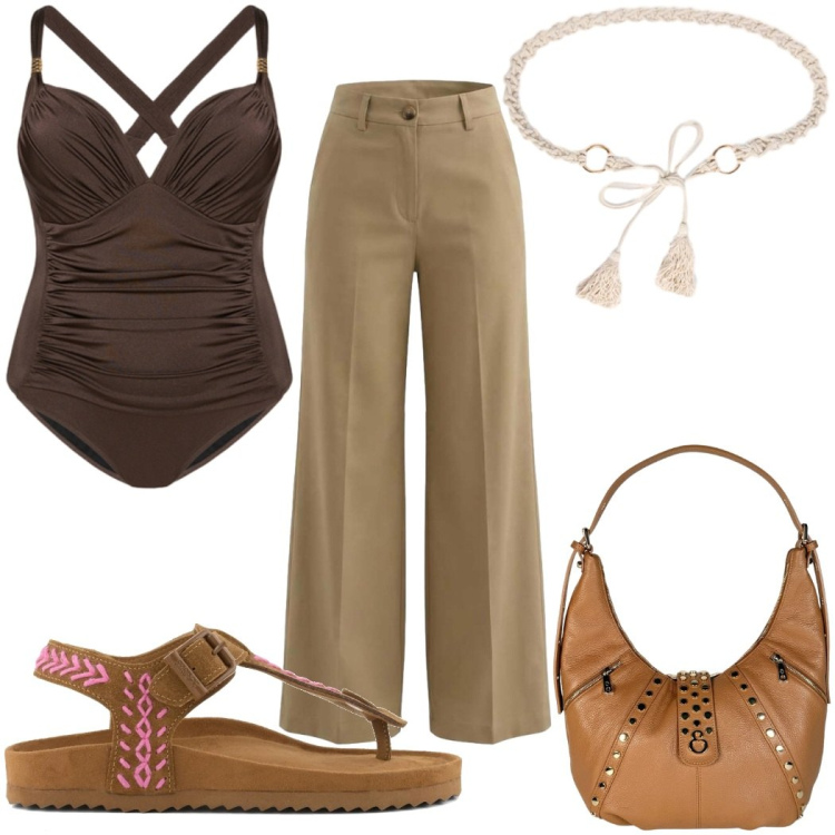 Outfit donna - Elisendra al mare. Stile Etnico per Mare. Abbinamento con pantaloni a palazzo, costumi interi, cinture, borse a spalla, infradito.