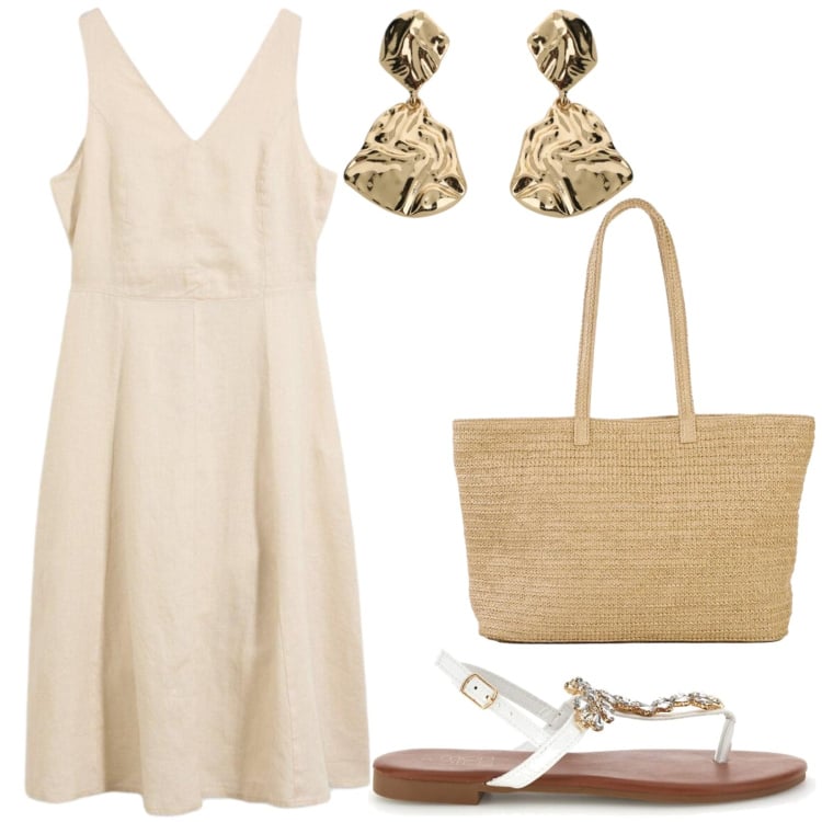 Outfit donna - Total look #2445313. Stile Minimal per Tutti i giorni. Abbinamento con vestiti midi/longuette, shopping bag, orecchini, sandali gioiello.