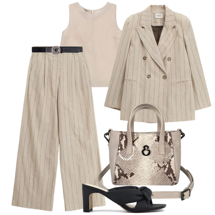 Outfit donna - Borsa effetto mix & match. Stile Glamour per Serata fuori. Abbinamento con cinture, pantaloni a palazzo, blazer, top, borse a mano, sandali col tacco.
