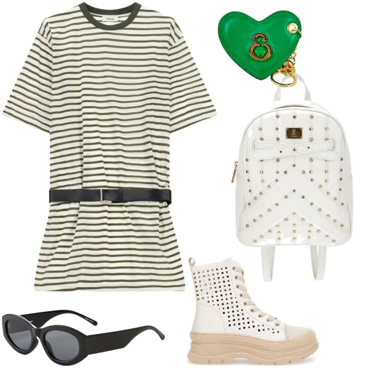 Outfit donna - Righe must-have. Stile Casual chic per Tutti i giorni. Abbinamento con occhiali da sole, vestiti corti, portachiavi, stivaletti, zaini.