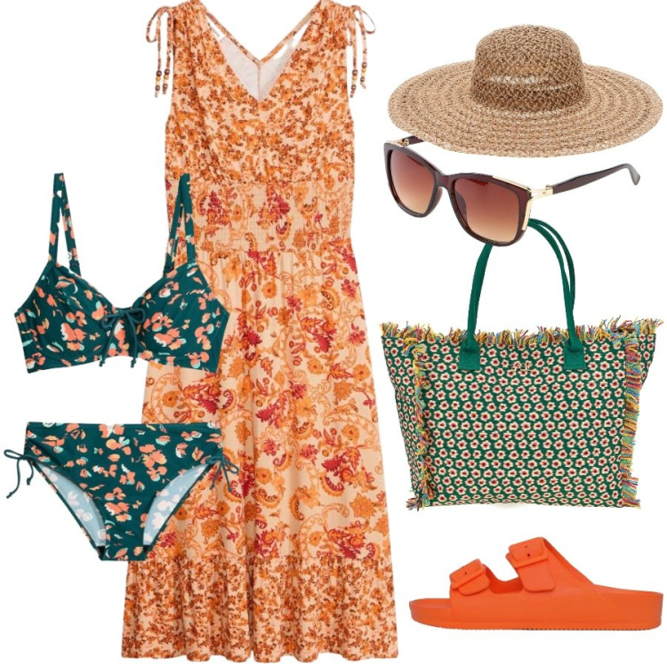 Outfit donna - Aperitivo in spiaggia. Stile Casual chic per Mare. Abbinamento con vestiti, bikini, occhiali da sole, ciabatte, cappelli, shopping bag.