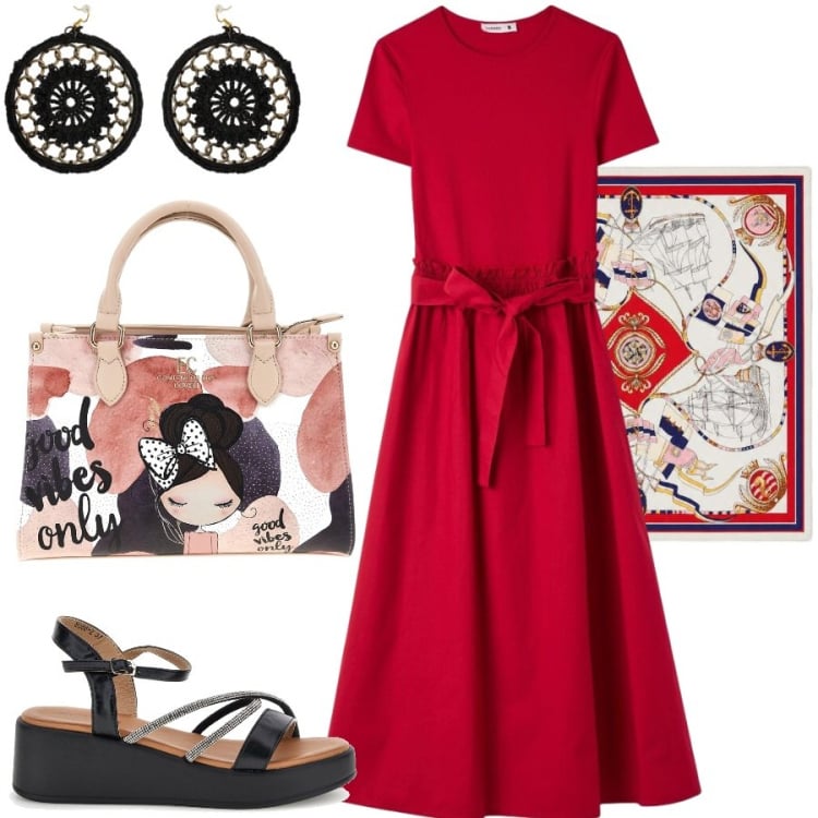 Outfit donna - Estate in città. Stile Casual chic per Tutti i giorni. Abbinamento con vestiti lunghi, foulard, orecchini, borse a mano, sandali.