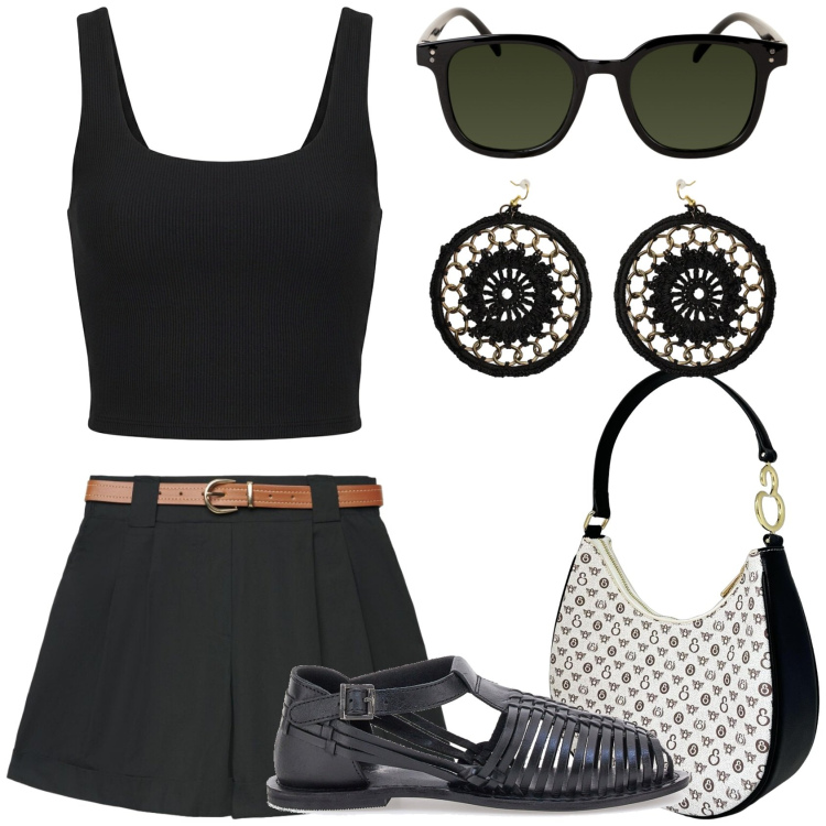 Outfit donna - Summer holidays in black. Stile Casual chic per Tutti i giorni. Abbinamento con shorts, orecchini, occhiali da sole, borse a spalla, sandali, canottiere.