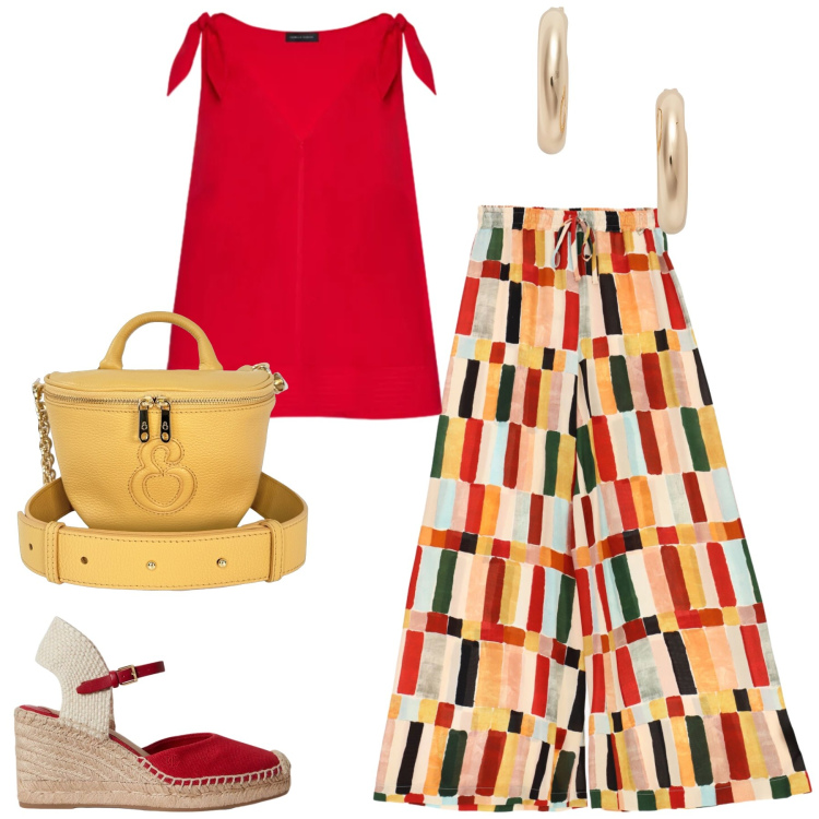 Outfit donna - In vacanza. Stile Casual chic per Tutti i giorni. Abbinamento con pantaloni a palazzo, top, orecchini, zeppe, borse a tracolla.