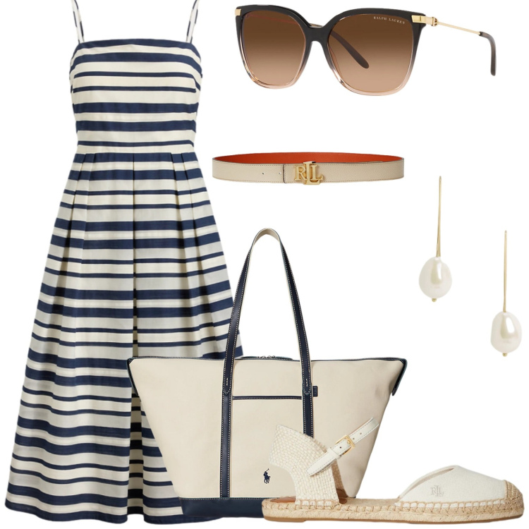 Outfit donna - Riviera chic rivisitata. Stile Chic per Mare. Abbinamento con occhiali da sole, cinture, borse tote, espadrillas, orecchini, vestiti.