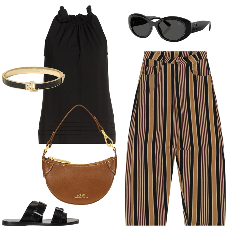 Outfit donna - In vacanza. Stile Etnico per Tutti i giorni. Abbinamento con top, pantaloni, occhiali da sole, borse a tracolla, braccialetti, sandali in pelle.