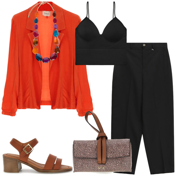 Outfit donna - Total look #2445343. Stile Chic per Serata fuori. Abbinamento con top, pantaloni, blazer, collane, borse a tracolla, sandali col tacco.
