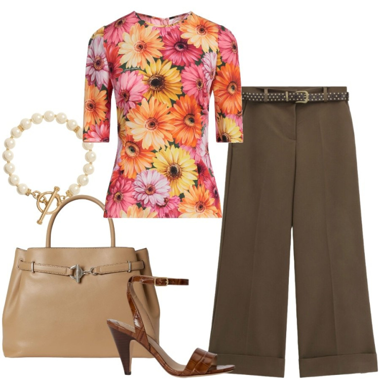Outfit donna - Total look #2445347. Stile Casual chic per Tutti i giorni. Abbinamento con top, pantaloni a palazzo, collane, sandali in pelle, borse a mano.