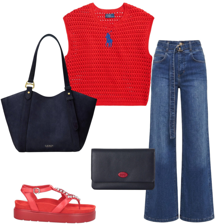 Outfit donna - Estate a pieni colori. Stile Casual chic per Tutti i giorni. Abbinamento con ciabatte, portafogli, jeans, maglieria, borse tote.