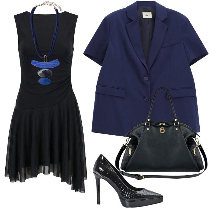 Outfit donna - Appuntamento di lavoro creativo. Stile Urban per Serata fuori. Abbinamento con blazer, décolleté, vestiti corti, ciondoli, shopping bag.