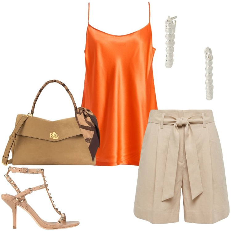 Outfit donna - Total look #2445356. Stile Casual chic per Tutti i giorni. Abbinamento con top, sandali in pelle, bermuda, borse a mano, orecchini.