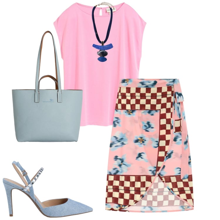 Outfit donna - Estate a colori pieni. Stile Casual chic per Tutti i giorni. Abbinamento con décolleté, t-shirt, shopping bag, gonne longuette, ciondoli.