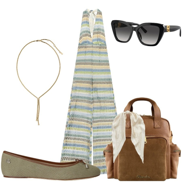 Outfit donna - Total look #2445361. Stile Casual chic per Tutti i giorni. Abbinamento con tute, occhiali da sole, ballerine, foulard, collane, zaini.