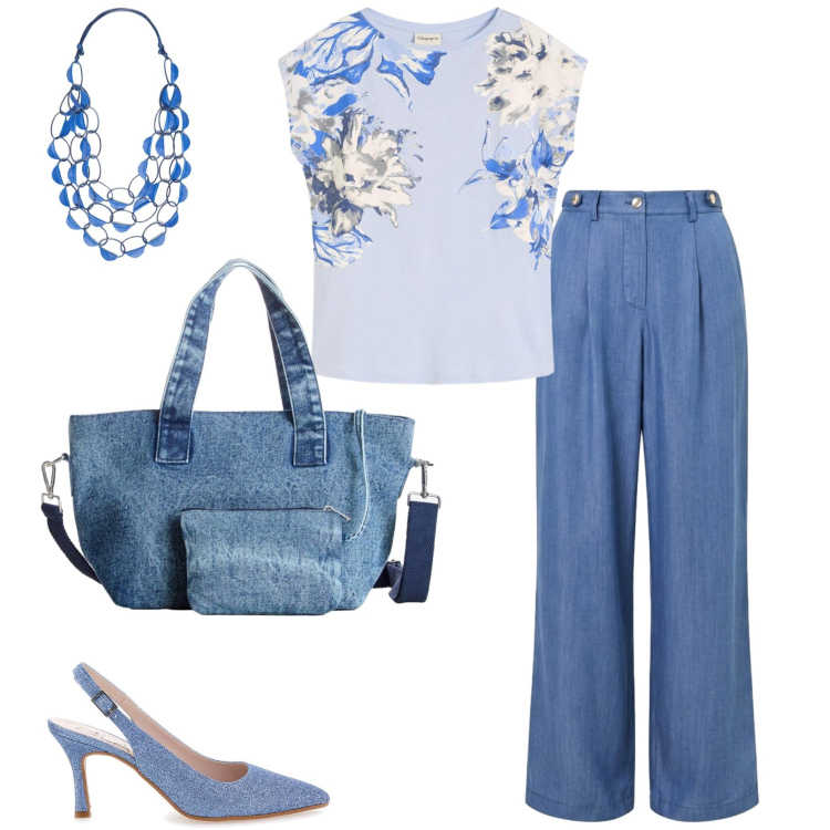Outfit donna - Estate a pieni colori. Stile Casual chic per Tutti i giorni. Abbinamento con maglieria, borse a mano, pantaloni, collane, décolleté.