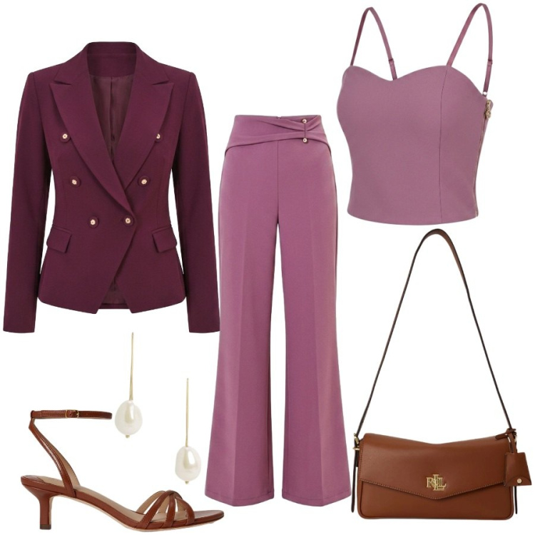 Outfit donna - Total look #2445366. Stile Casual chic per Tutti i giorni. Abbinamento con pantaloni a palazzo, top, blazer, borse a spalla, orecchini, sandali in pelle.