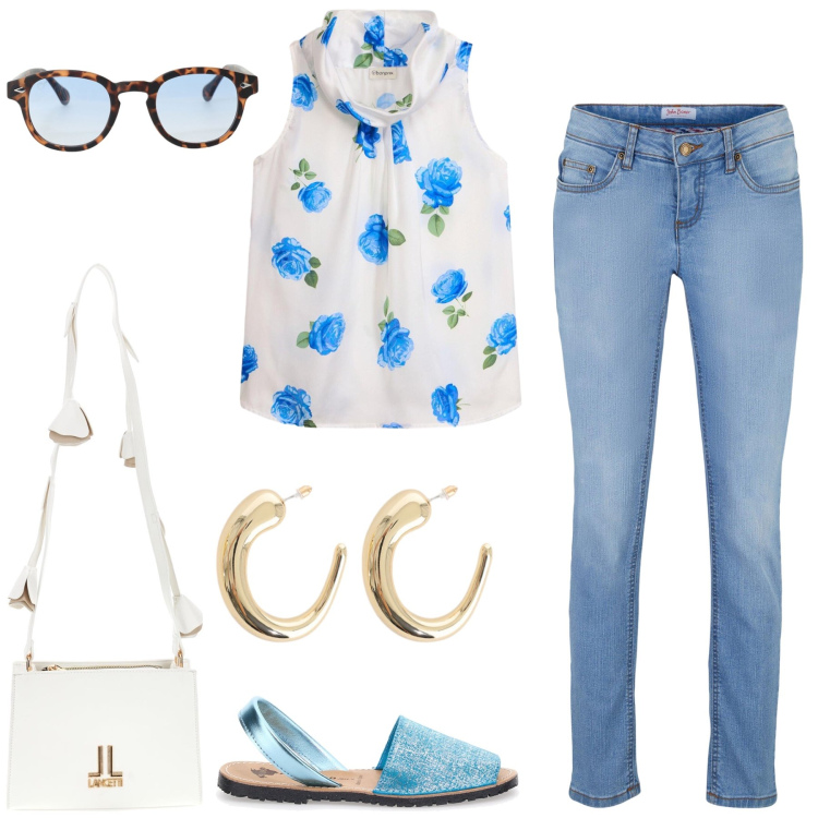 Outfit donna - Tempo libero. Stile Casual per Tutti i giorni. Abbinamento con top, jeans skinny, occhiali da sole, orecchini, sandali in pelle, borse a tracolla.