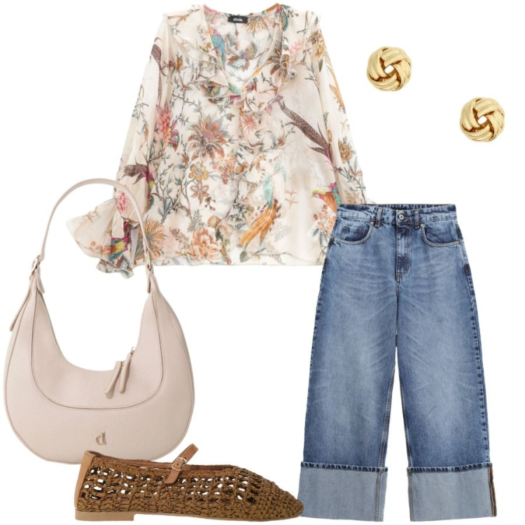 Outfit donna - Total look #2445369. Stile Casual chic per Tutti i giorni. Abbinamento con bluse, ballerine, jeans, borse a tracolla, orecchini.