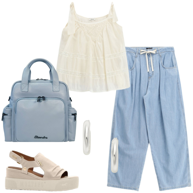 Outfit donna - Tempo libero. Stile Casual per Tutti i giorni. Abbinamento con sandali, jeans, top, orecchini, zaini.