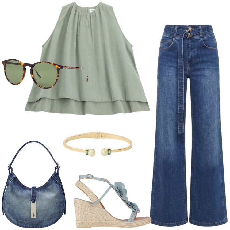 Outfit donna - Tempo libero. Stile Boho per Tutti i giorni. Abbinamento con espadrillas, top, jeans, borse a spalla, occhiali da sole, braccialetti.