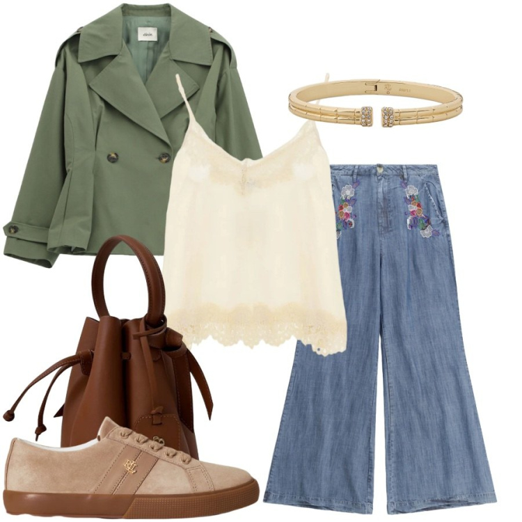 Outfit donna - Total look #2445375. Stile Casual chic per Tutti i giorni. Abbinamento con pantaloni a palazzo, top, blazer, sneakers, braccialetti, borse a secchiello.