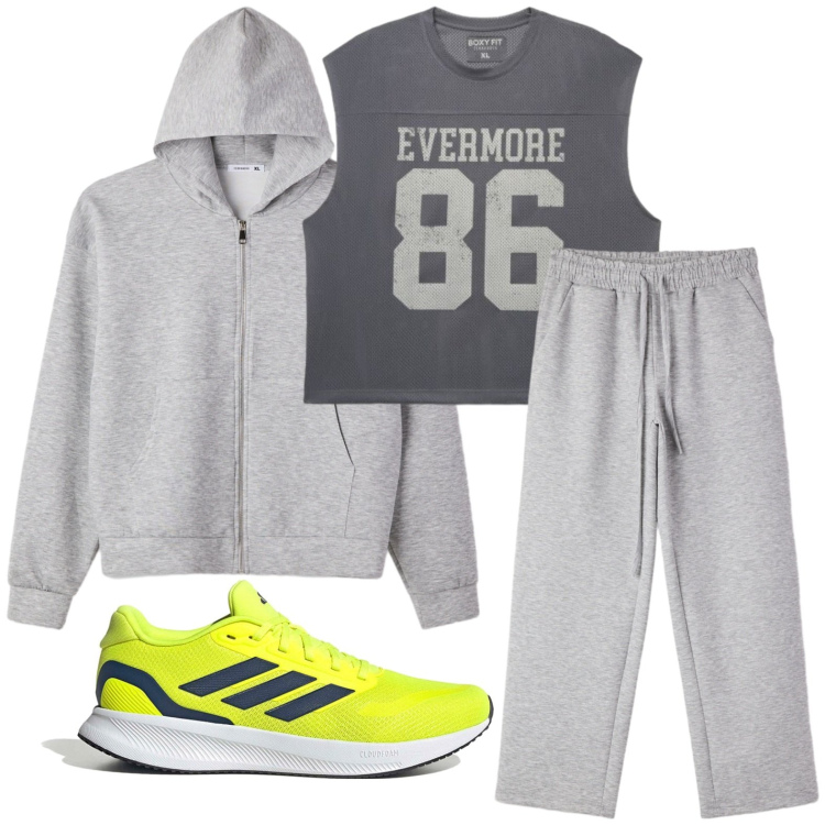 Outfit uomo - Total look #2445384. Stile Casual per Sport. Abbinamento con felpe con cappuccio, pantaloni, canottiere, scarpe sportive.